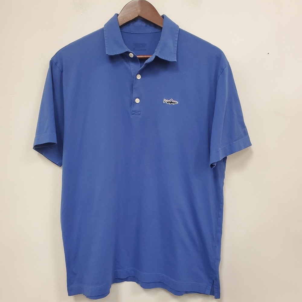 Patagonia Mens Trout Fitz Roy Short Sleeve Polo Shirt Size M Blue 1/4 Button‎